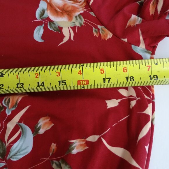 Floral Red Midi Dress With Elastic Waist Women Size L Short Sleeve Pocket FLAW - Picture 9 of 12